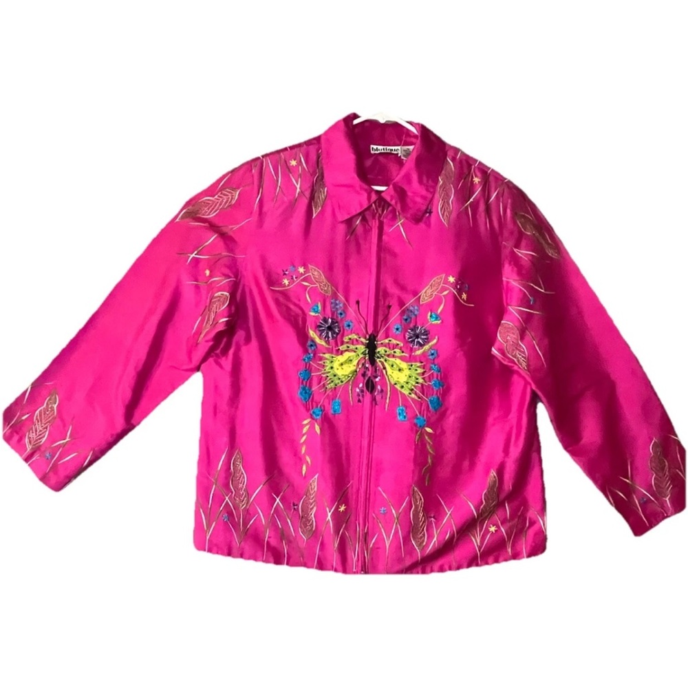 Pink Silk Embroidered Jacket Floral Butterfly Blazer Bead Lined Spring garden